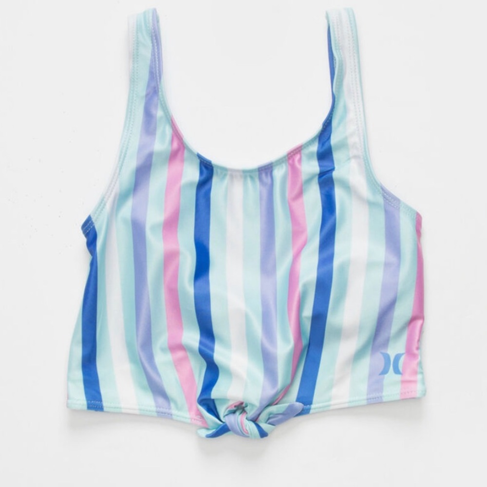 Hurley Girls Bikini Top Size M Blue Pink Striped Tie Front Swim